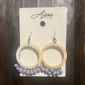 Cream Cow Horn and Purple Paper Bead Hoop Earrings